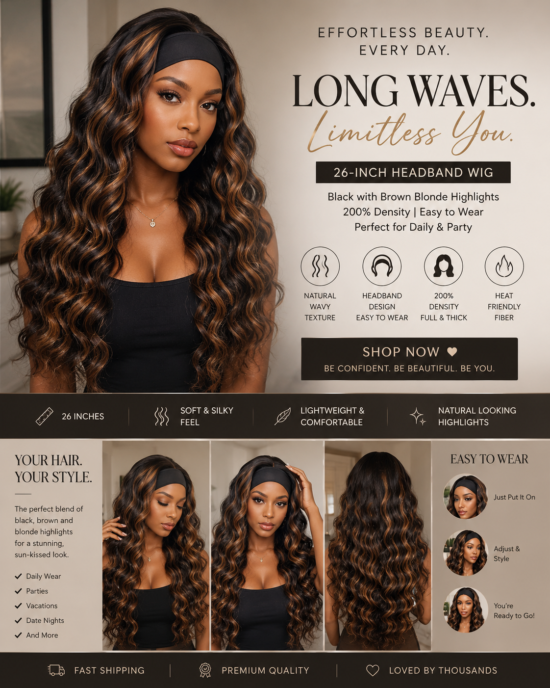 Wavy Headband Wig — 26" Black with Brown/Blonde Highlights